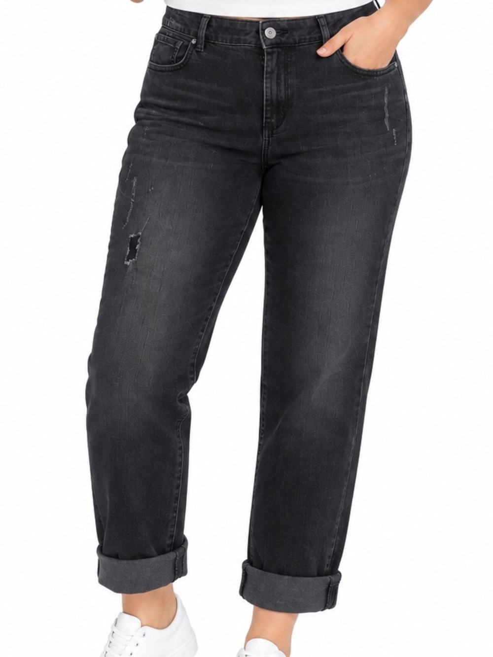Jessica Simpson Arrow Straight Jeans Size 16W Black Denim Cuffed Distressed